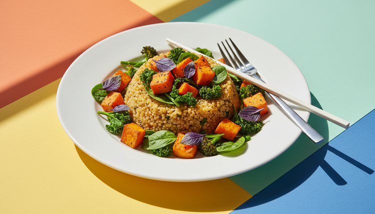 A protein bowl with quinoa, roasted sweet potato and greens